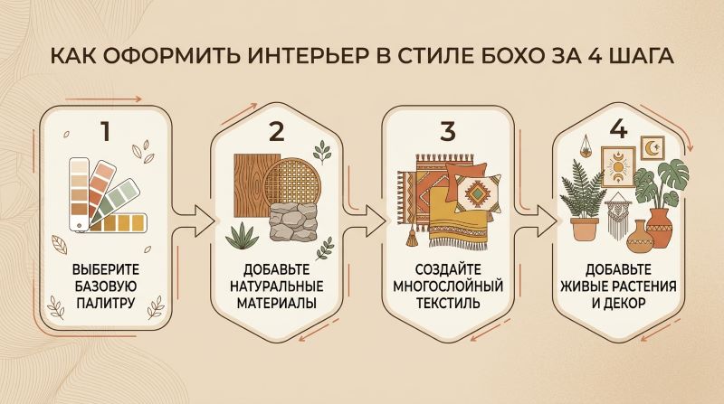 Инфографика: 4 шага оформления интерьера в стиле бохо от палитры до декора