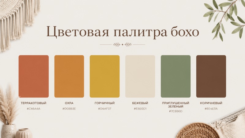 Цветовая палитра бохо: терракотовый, охра, горчичный, бежевый, зеленый и коричневый