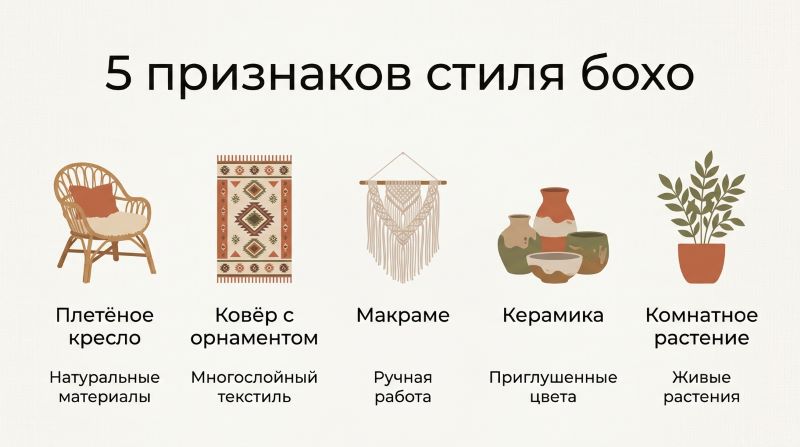 5 признаков стиля бохо: плетеное кресло, ковер, макраме, керамика и растение
