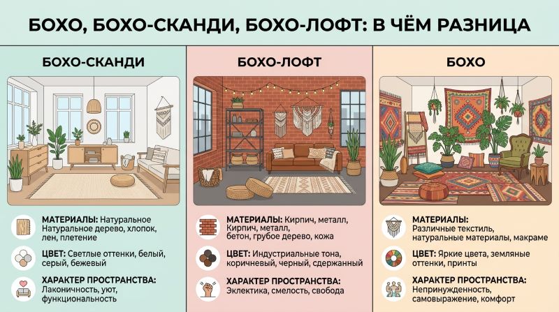 Сравнение стилей бохо, бохо-сканди и бохо-лофт: материалы, цвета и характер