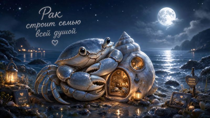 Рак: цитата про семью, краб у уютного домика-ракушки у моря