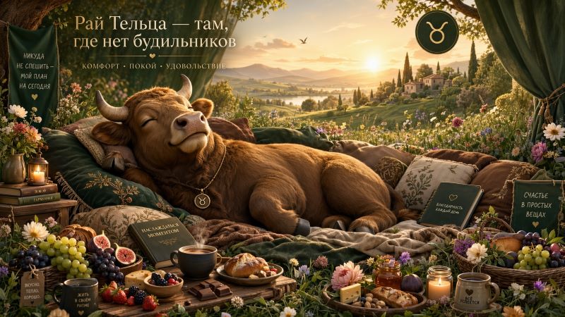 Телец: цитата про комфорт, бык отдыхает на природе с едой