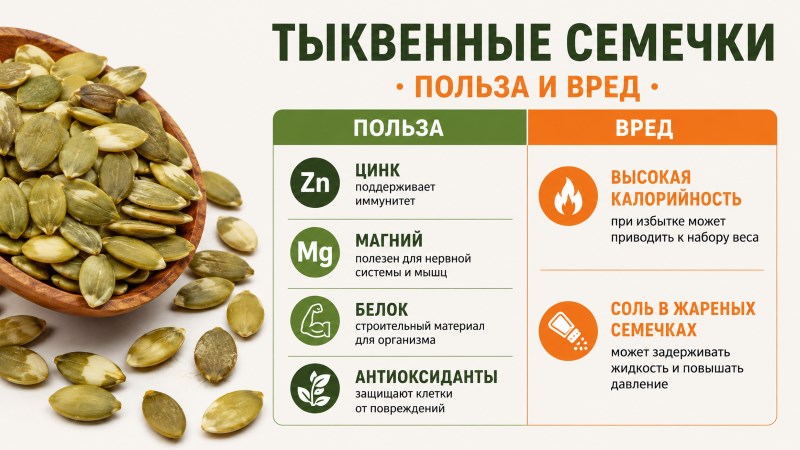 Тыквенные семечки: польза и вред, цинк, магний, белок и калорийность