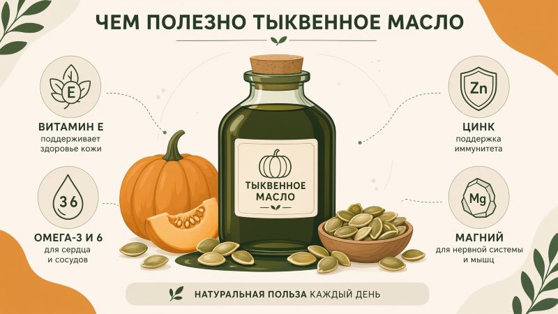 Инфографика пользы тыквенного масла с витаминами, цинком и магнием