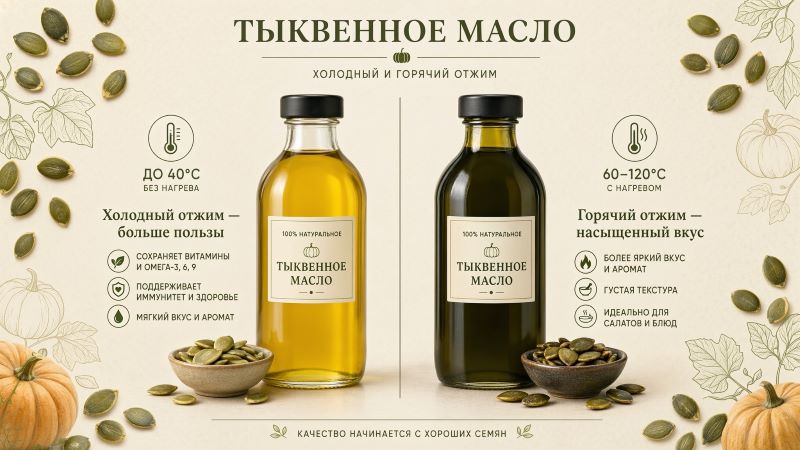 Сравнение тыквенного масла холодного и горячего отжима на инфографике