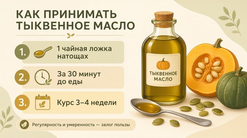 Инфографика с инструкцией как принимать тыквенное масло курсом
