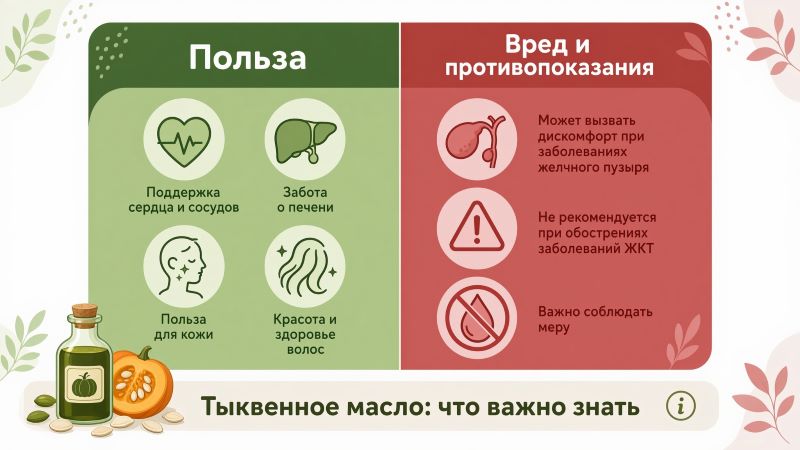 Инфографика пользы и вреда тыквенного масла с противопоказаниями