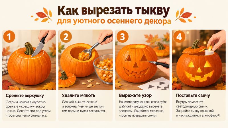 Как вырезать тыкву: 4 шага для декора (инфографика)