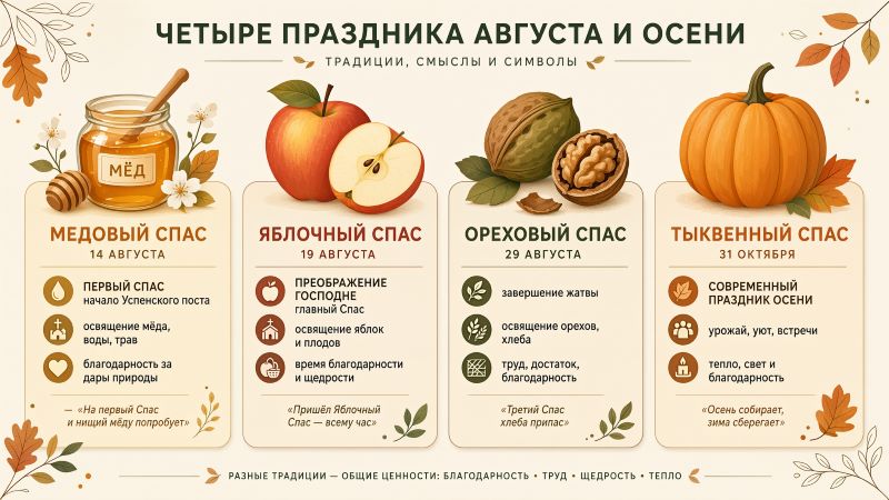 Четыре праздника августа и осени: медовый, яблочный, ореховый и тыквенный спас