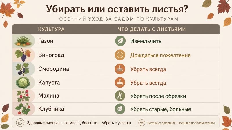 Инфографика: убирать или оставить листья осенью по культурам