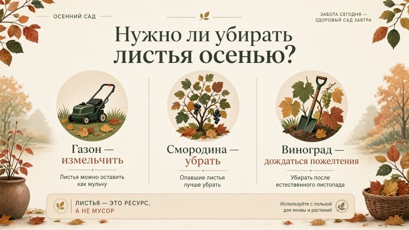 Нужно ли убирать листья осенью: газон, смородина, виноград