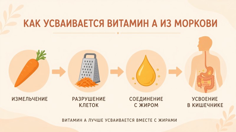 Инфографика: схема усвоения витамина А из моркови с жирами