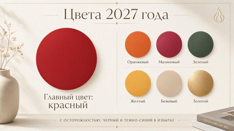 Цвета 2027 года: красный, оранжевый, малиновый, зеленый, желтый, золотой