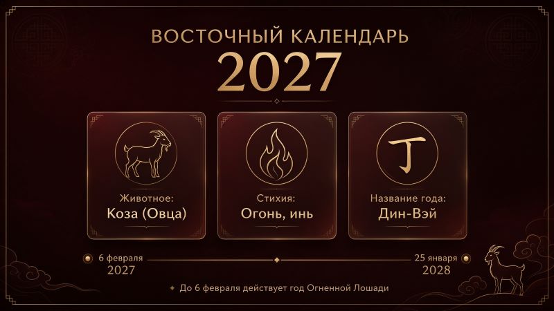 Восточный календарь 2027: Коза, стихия Огонь, название Дин-Вэй