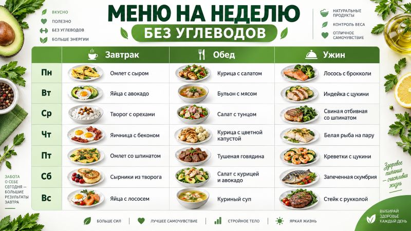 Меню на неделю без углеводов: завтрак, обед и ужин