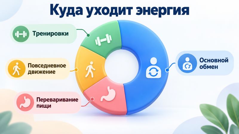 Куда уходит энергия: основной обмен, тренировки, движение и пищеварение