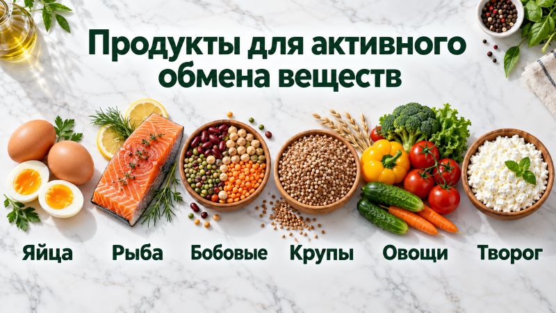 Продукты для активного обмена веществ: яйца, рыба, бобовые, крупы, овощи, творог