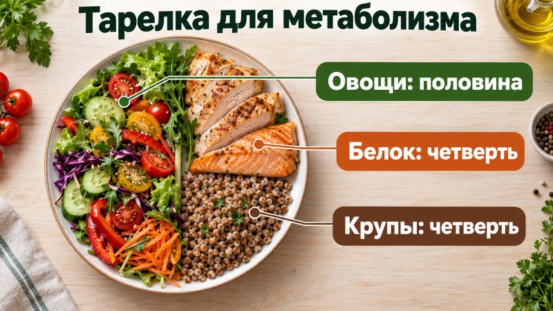 Тарелка для метаболизма: половина овощей, четверть белка, четверть круп