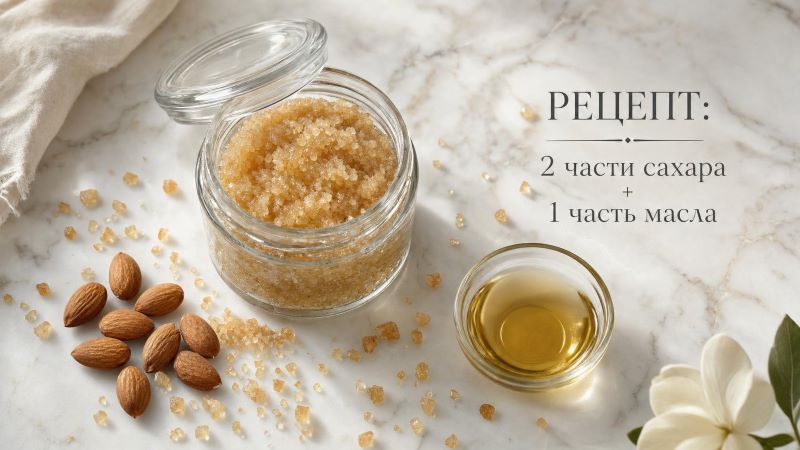 Рецепт сахарного скраба: 2 части сахара и 1 часть масла