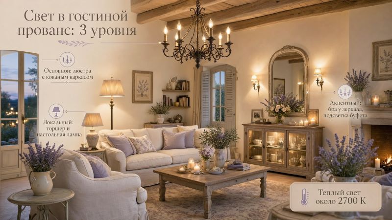 Свет в гостиной прованс: три уровня освещения