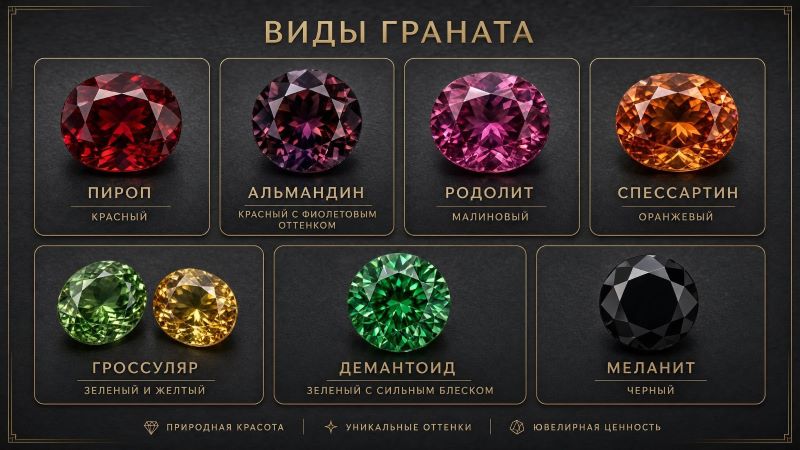 Виды граната: пироп, альмандин, родолит, спессартин