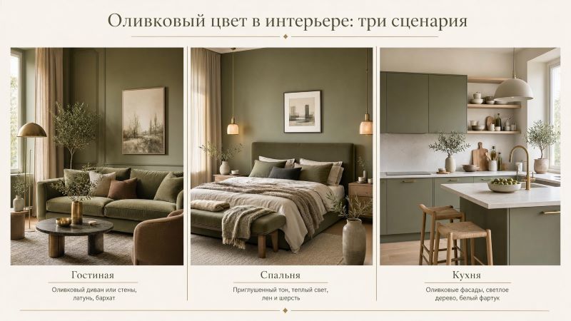 Оливковый цвет в интерьере: гостиная, спальня, кухня