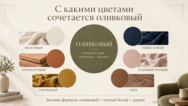 Сочетание оливкового цвета с другими оттенками в интерьере