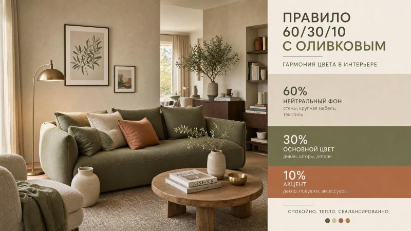 Правило 60/30/10 в интерьере с оливковым цветом