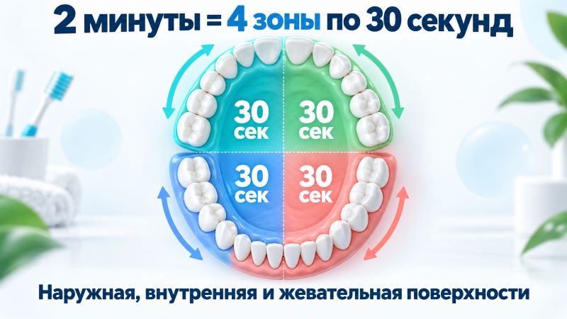 Схема чистки зубов: 2 минуты, 4 зоны по 30 секунд