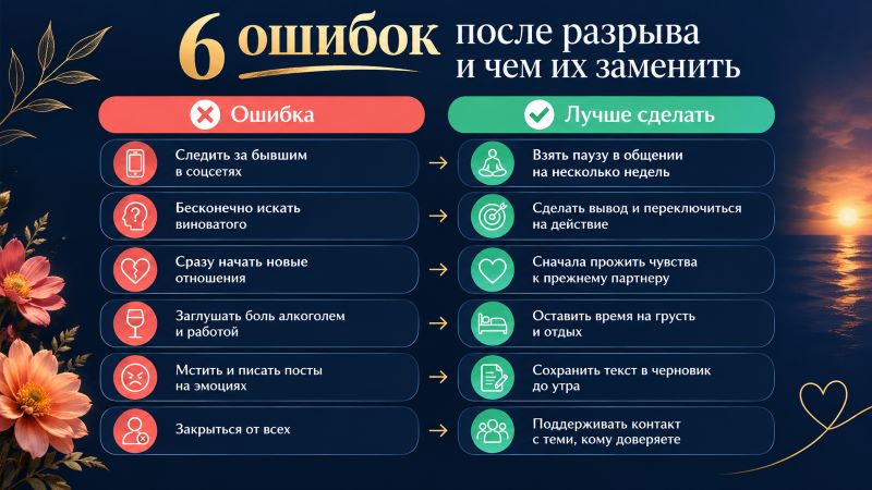 Инфографика: 6 ошибок после разрыва отношений и чем их заменить