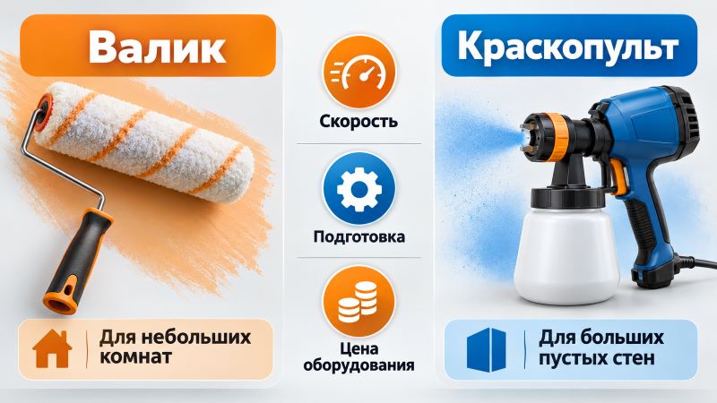 Сравнение валика и краскопульта для покраски стен