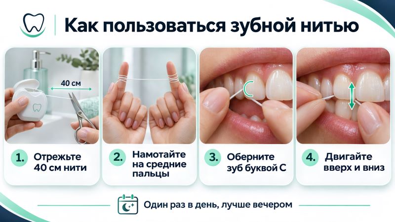 Инфографика: как пользоваться зубной нитью за 4 шага