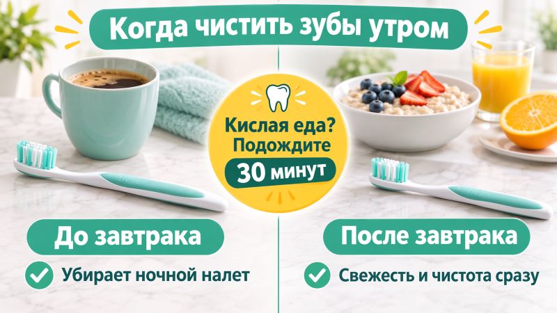 Сравнение чистки зубов до и после завтрака