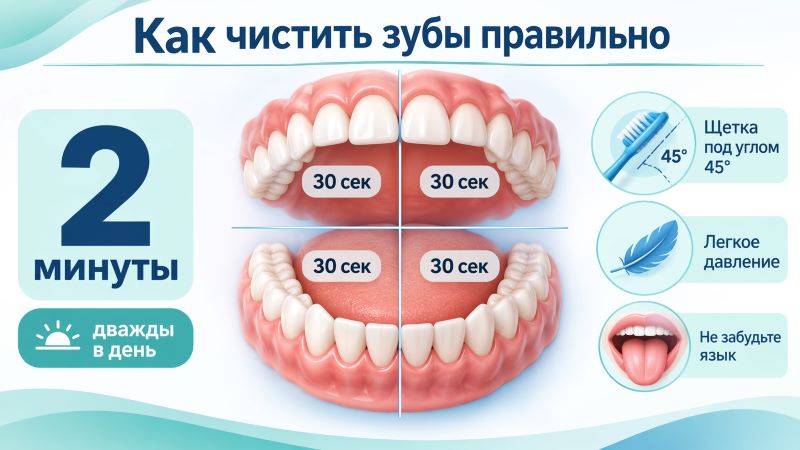 Инфографика: как правильно чистить зубы 2 минуты