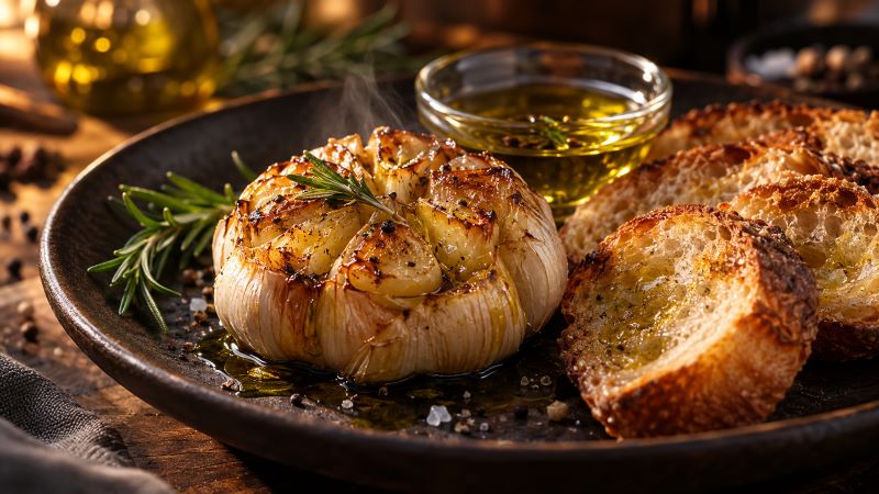 Запеченный чеснок с розмарином и хрустящим хлебом на гриле