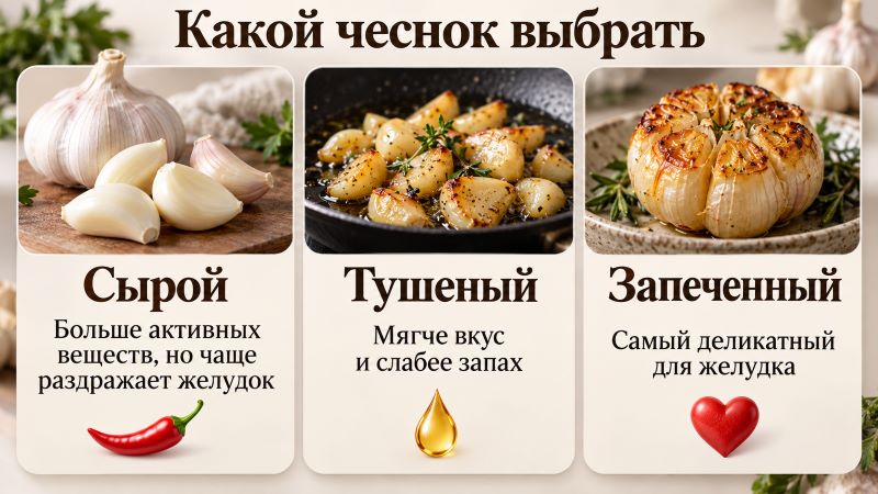 Сравнение видов чеснока: сырой, тушеный и запеченный