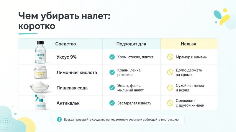 Таблица: чем убирать налет в ванной и что нельзя