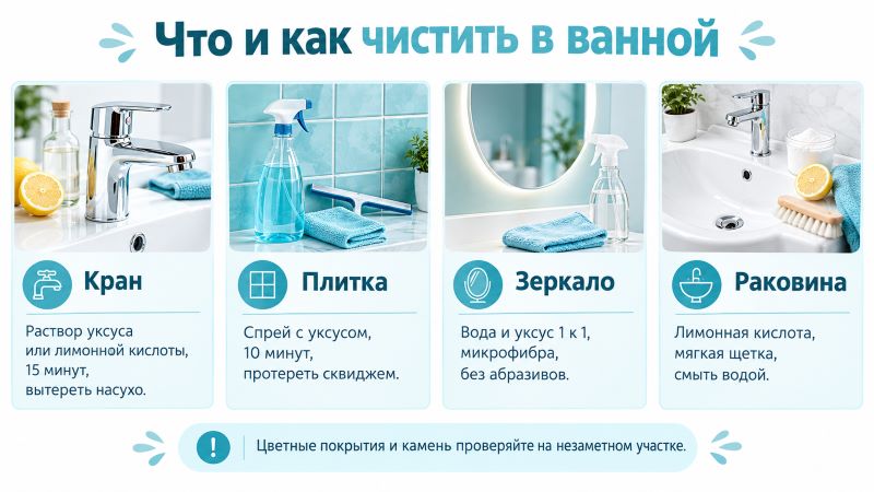 Как чистить кран, плитку, зеркало и раковину в ванной
