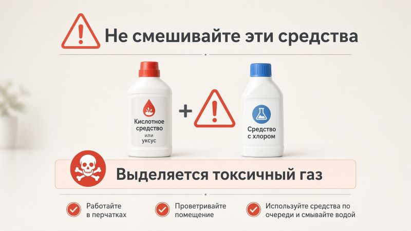 Не смешивайте кислоту и хлор — выделяется токсичный газ
