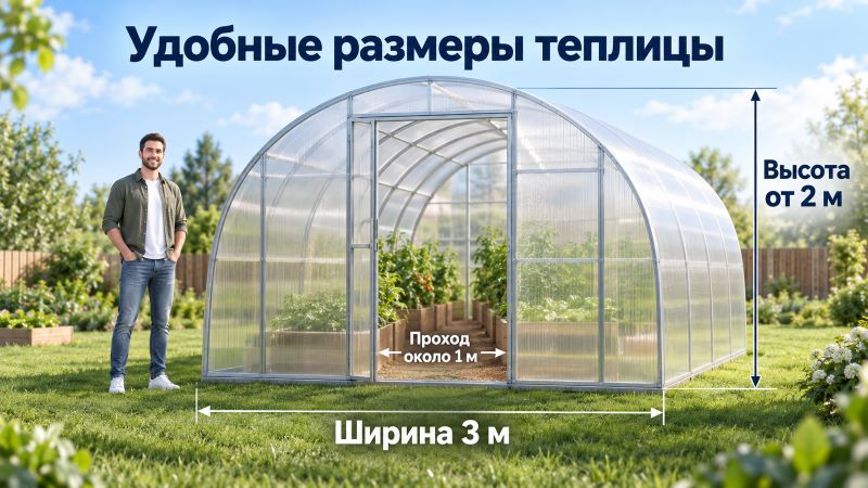 Размеры теплицы: ширина 3 м, высота от 2 м, удобный проход