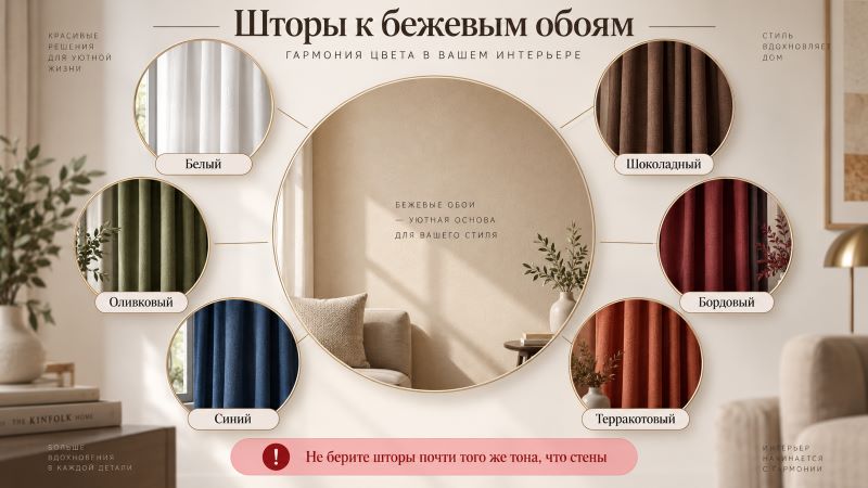 Цвета штор к бежевым обоям: белый, оливковый, синий, шоколадный
