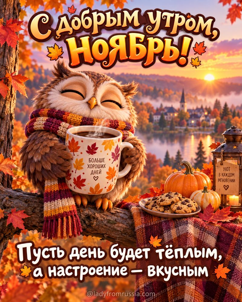 Открытка: сова в шарфе с кофе на фоне осеннего пейзажа