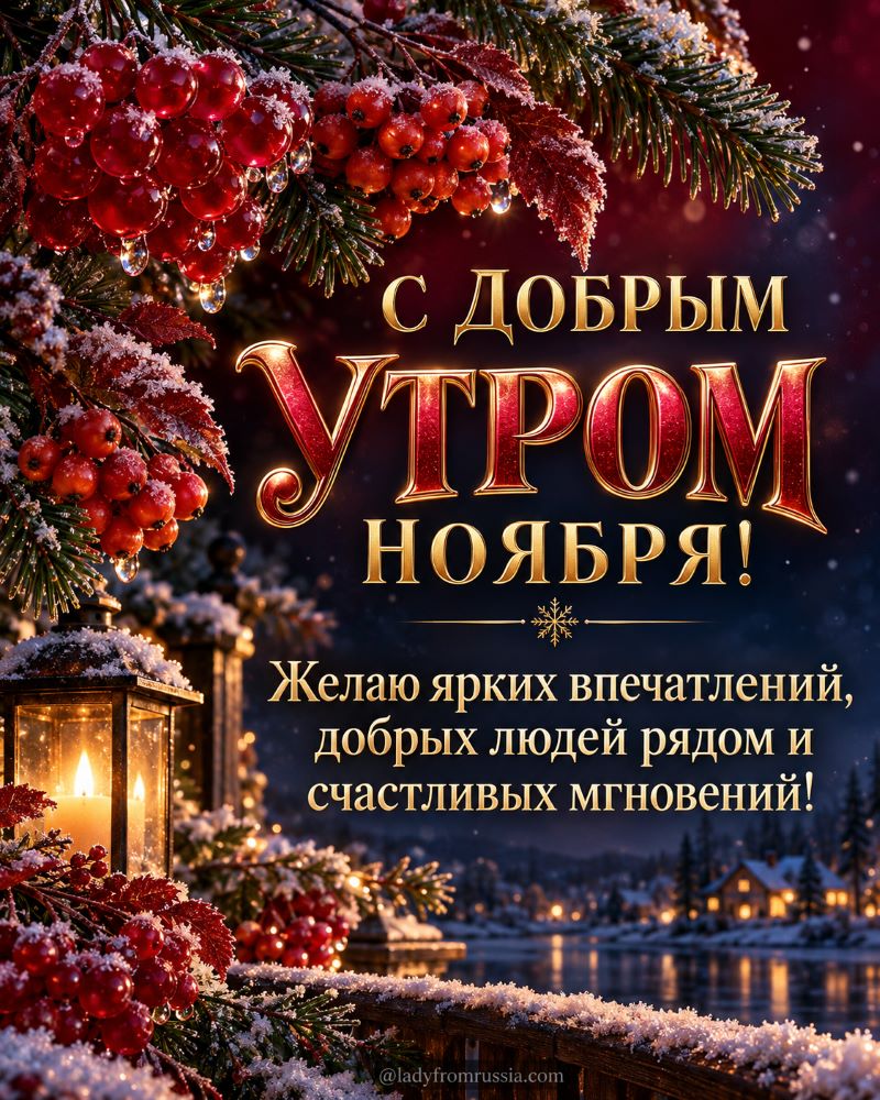 Зимняя открытка с добрым утром ноября: ель, ягоды и фонарь