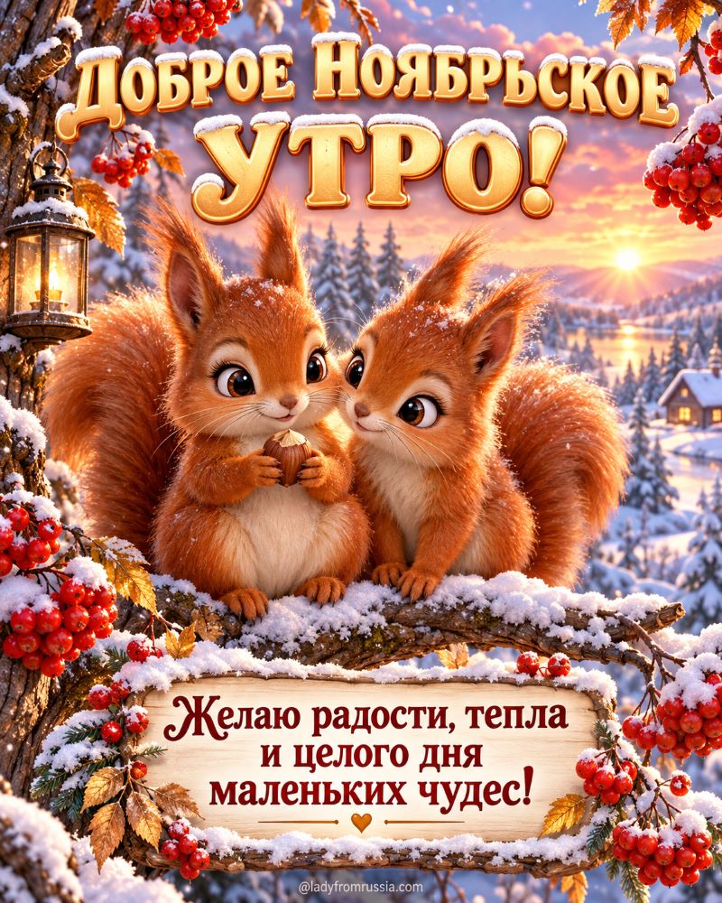 Доброе ноябрьское утро: белочки с орешком и снежный пейзаж