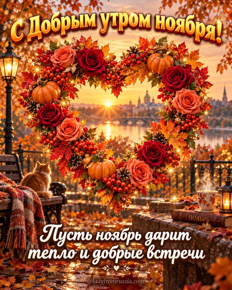 Осенняя открытка: венок с розами и тыквами на фоне заката