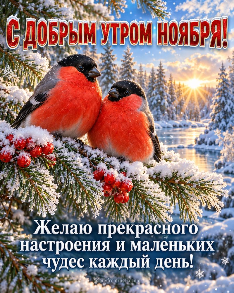 Зимняя открытка: снегири на ветке в снегу на фоне леса