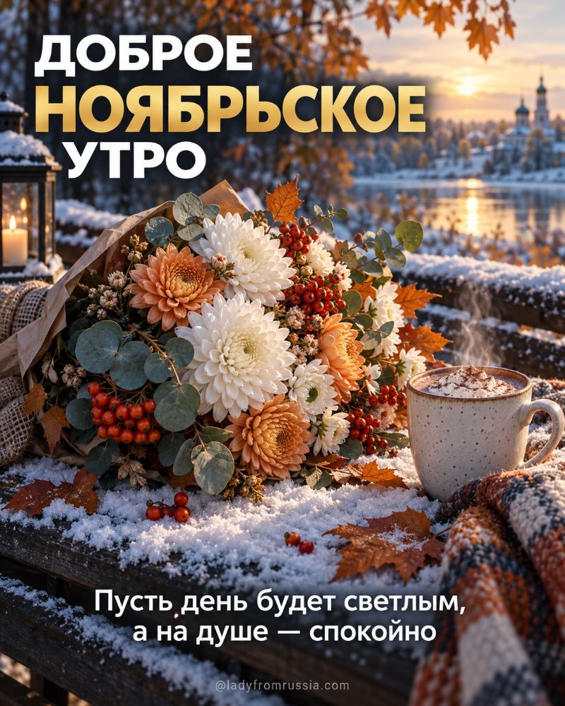 Уютное ноябрьское утро: букет цветов, какао и первый снег