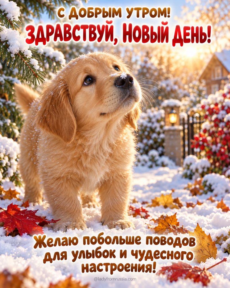 Позитивная открытка: щенок в снегу и пожелание доброго утра