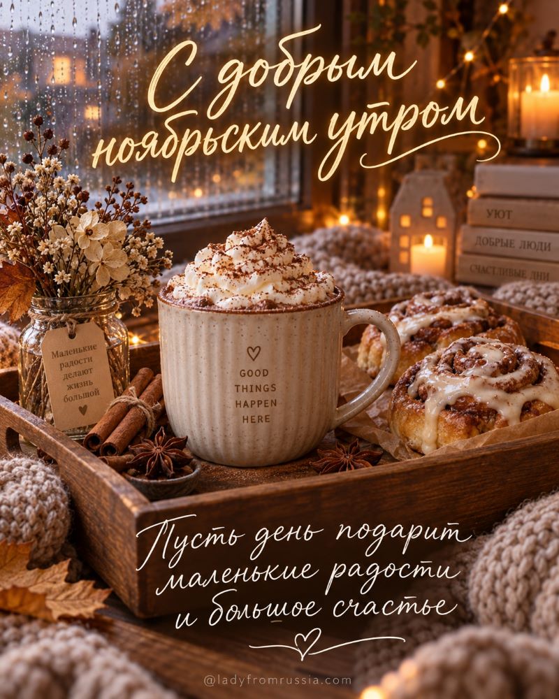 Домашний уют: какао со сливками и синнабоны на ноябрьском утре