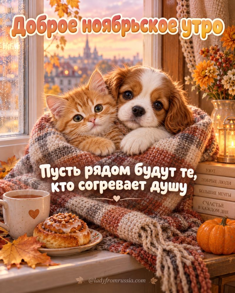 Душевная открытка: котенок и щенок под пледом у окна